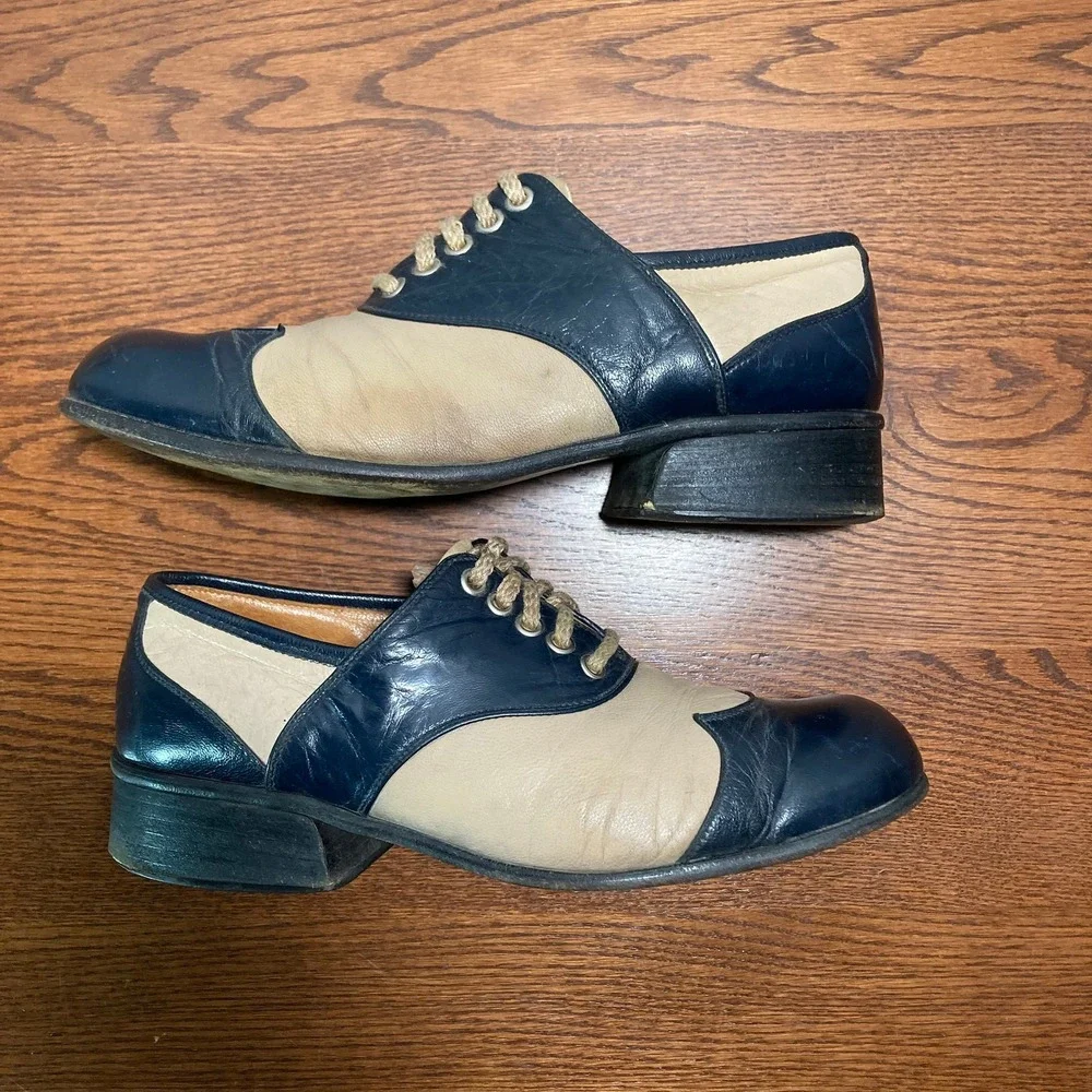 1970s Two Tone Platform Disco Italian Derbies Double Wingtip Chunky Womens 6.5 W